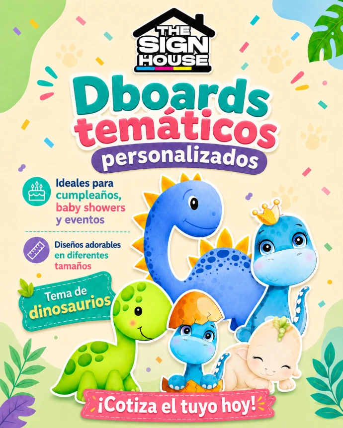 A colorful and playful promotional ad for custom dinosaur-themed D-Boards by The Sign House. The design features adorable cartoon dinosaurs, bright pastel colors, and a fun party-style layout. It highlights that these personalized D-Boards are ideal for birthdays, baby showers, events, and themed photo areas. The ad gives a friendly, kid-focused feel and encourages customers to request their own custom design.