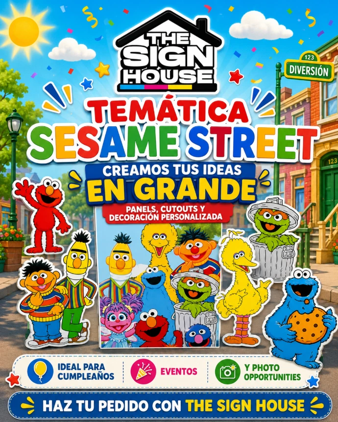 A bright and cheerful ad promoting custom event décor with a Sesame Street-inspired theme. It features colorful character cutouts, a themed backdrop, and a playful street-style background. The ad emphasizes personalized panels, cutouts, and decorations for birthdays, events, and photo opportunities. The overall look is fun, family-friendly, and perfect for children’s parties.